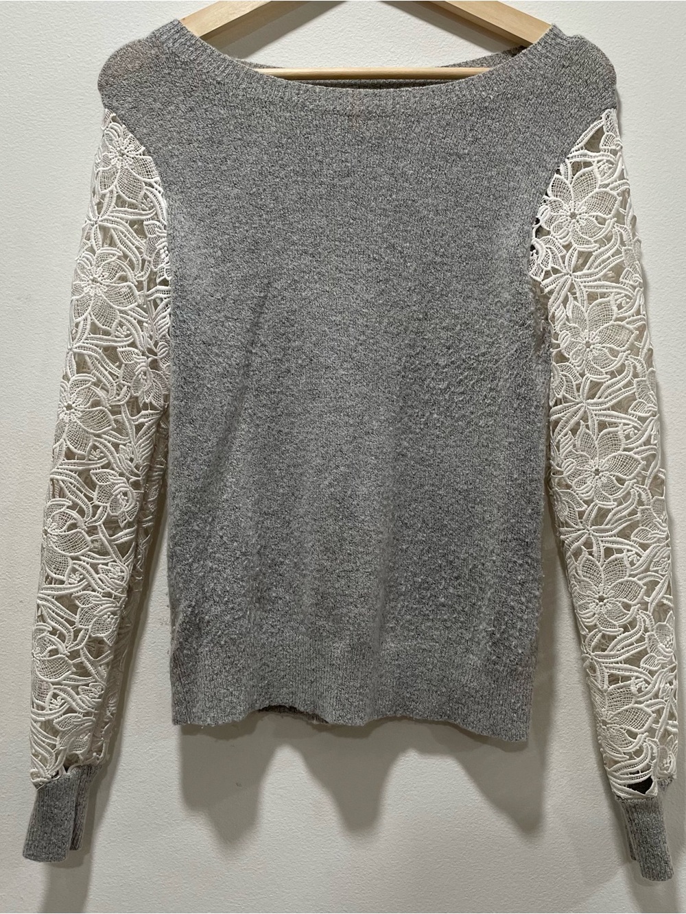 Halogen Gray Pullover with Ivory Lace Sleeves